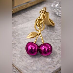 Fuchsia Pink Metallic Cherry Bag Charm Keychain | Gold tone Hardware NWT